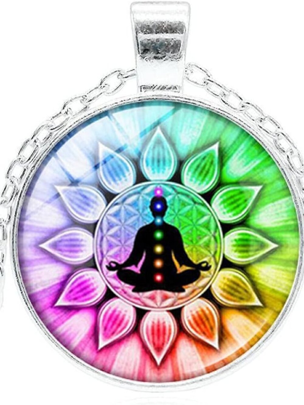 Silver Rainbow Colorful Buddha Meditation Lotus Flower 7 Chakra Necklace Charm